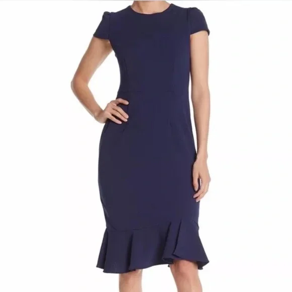 New Betsey Johnson Navy Stretch Ruffle Sheath Pencil Midi Dress Size 6 NWT - Picture 1 of 14